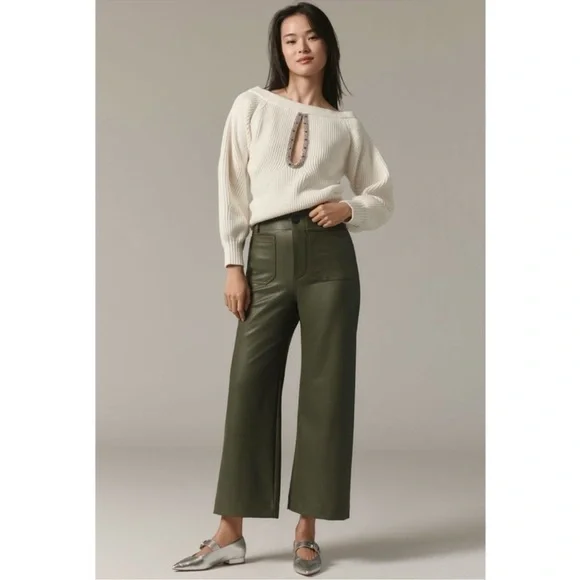New Anthropologie The Colette Faux Leather Crop Wide-Leg Pants Maeve 28 Green - Picture 11 of 11